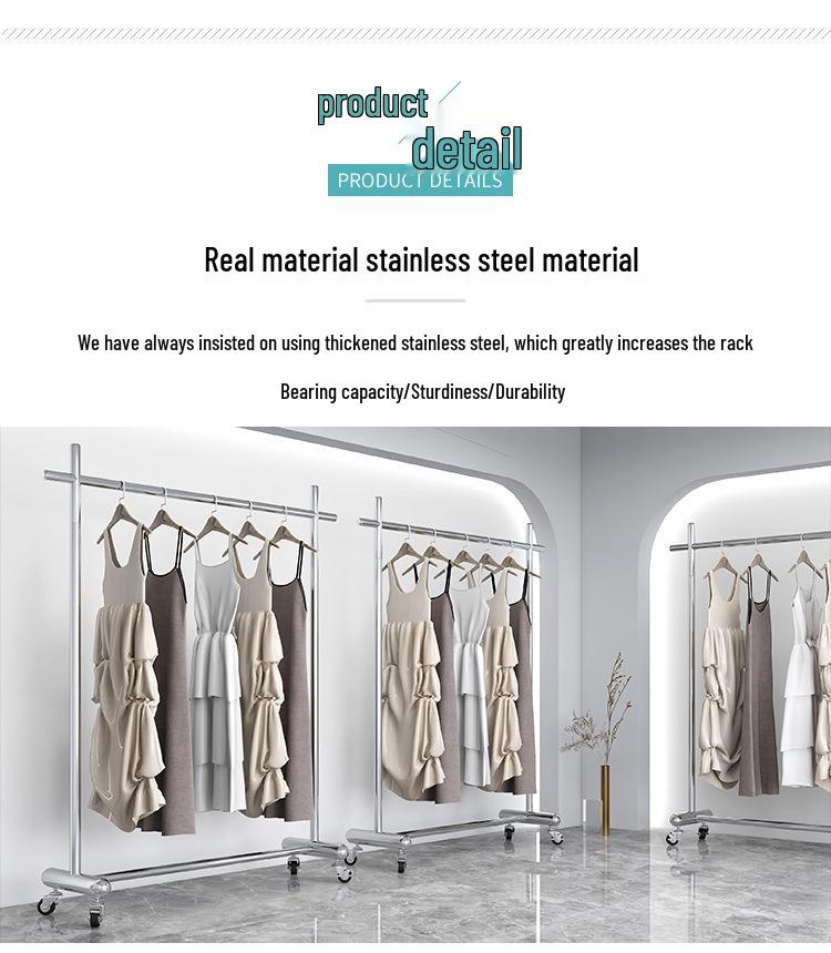 Adjustable Clothing Display Rack with Wheels – Stainless Steel, for Women's and Children's Apparel.