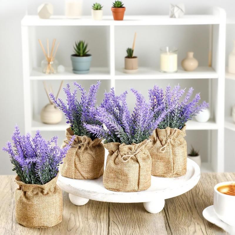 Artificial Lavender Plant Small Fake Lavender Flowers Decor in Burlap Bag Rustic Potted Plant for Kitchen Farmhouse Home Decor