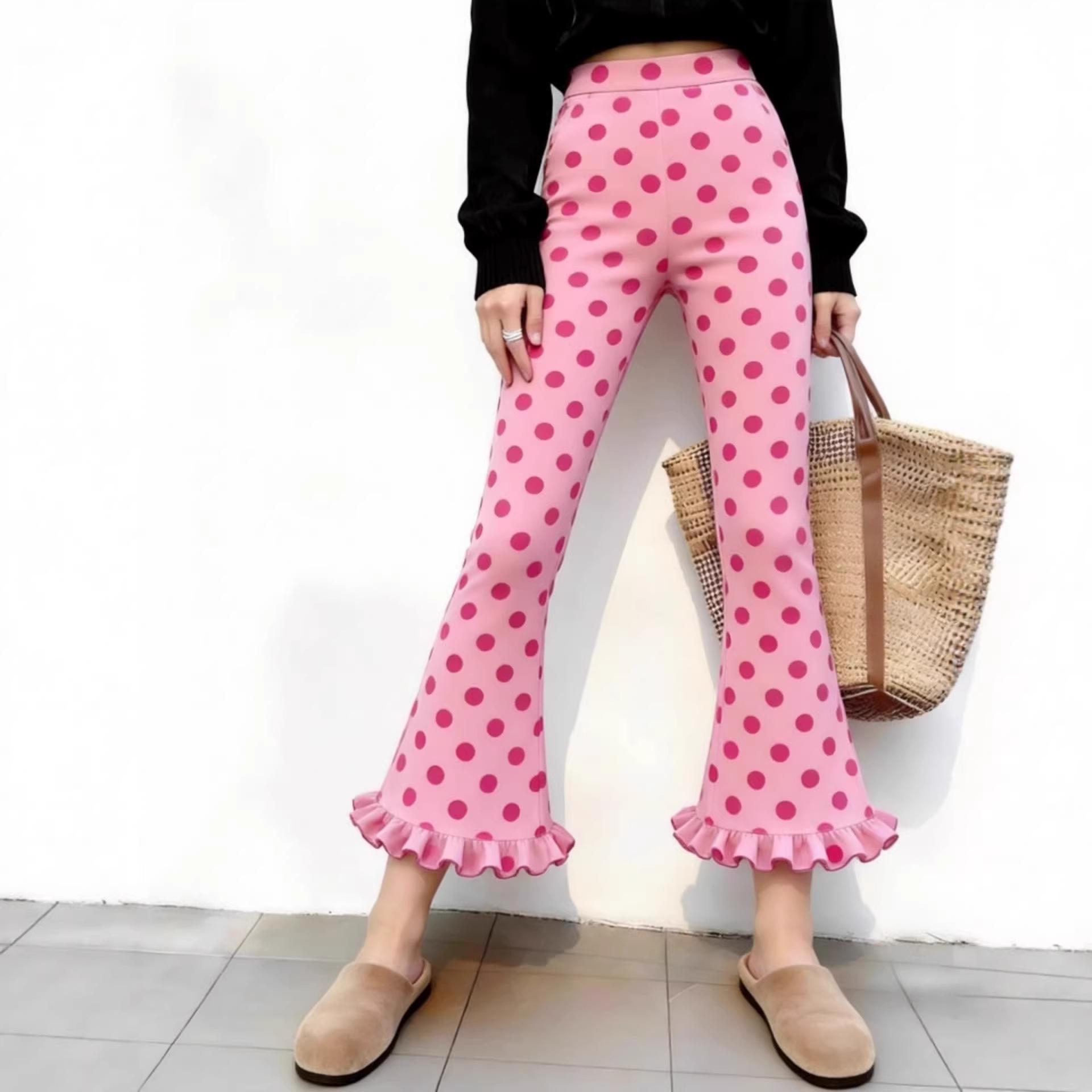 

Women s Summer 2026 Polka Dot Micro Flare Pants – Slimming, Hip-Covering, Casual Straight Leg Style M розовый