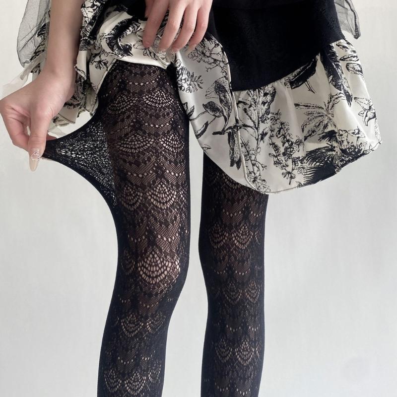 Women Elegant Hollowed Out Lace Solid Pantyhose Stockings Japanese Style Vintage Flower Jacquard Mesh Tights Leggings