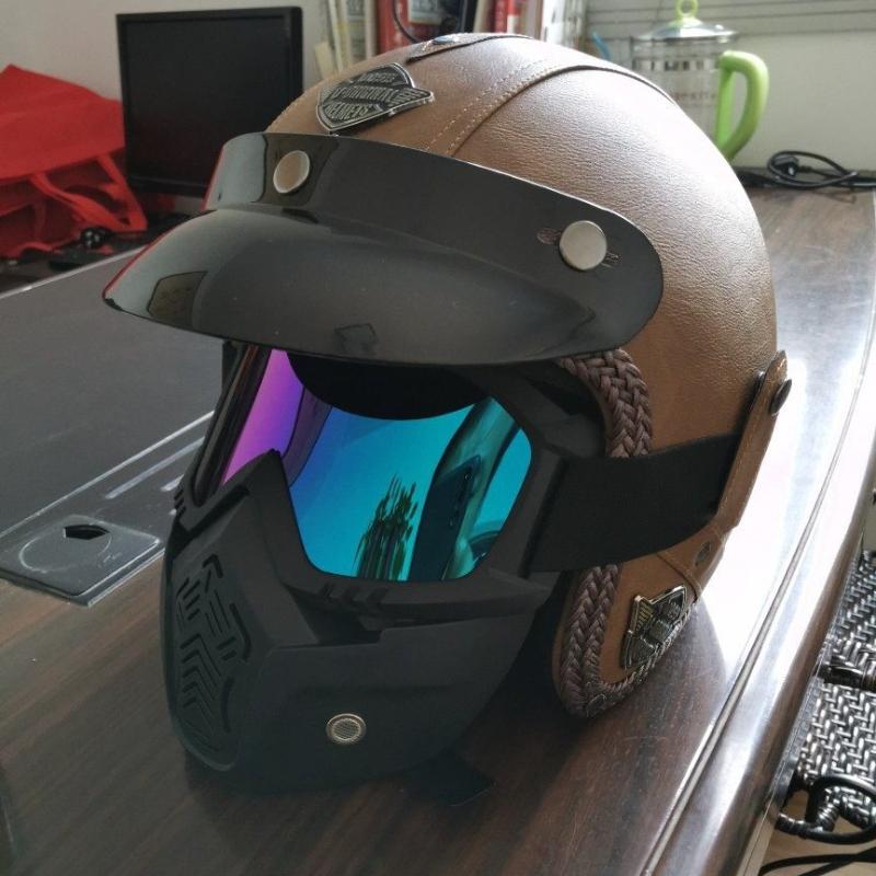 PU Leather Helmet 3/4 Motorcycle Chopper Bicycle Helmet Exposed Vintage Motorcycle Helmet & Goggles Mask Half Face Helmet