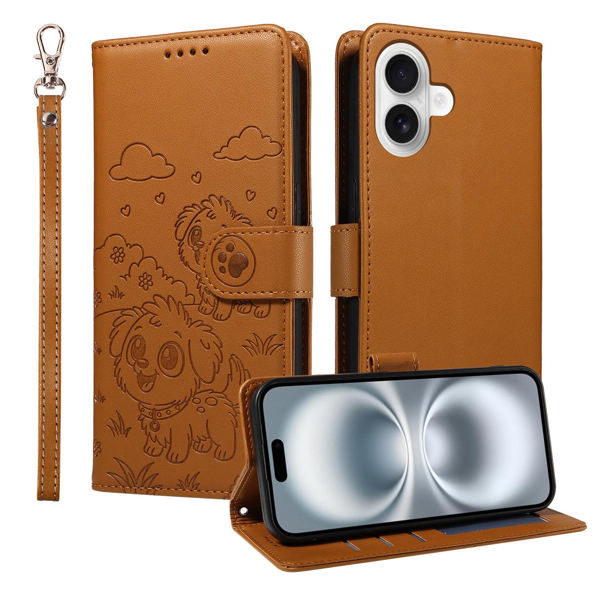 

For iPhone 16 Plus Case RFID Blocking Imprinted Dog Pattern PU Leather Phone Cover with Wrist Strap Brown