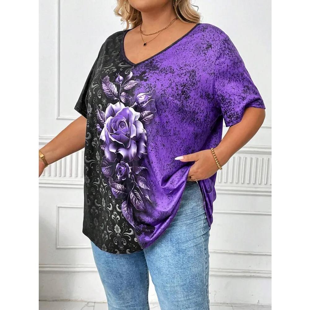 Summer V-neck Flower Pattern 3D Printed Top Fashionable Casual Short Sleeved Plus Size Women's T-shirts