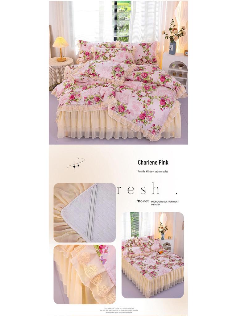 2026 Baumwoll-Print gesteppter Bettrüsche 4-teiliges Set mit Spitzenbesatz