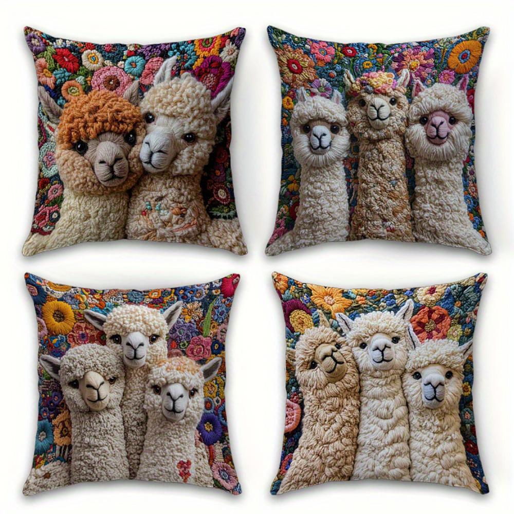 1/4Pcs Llama-Printed Floral Pillow Covers Sofa Cushion Cover Home Bedroom Room Decoration