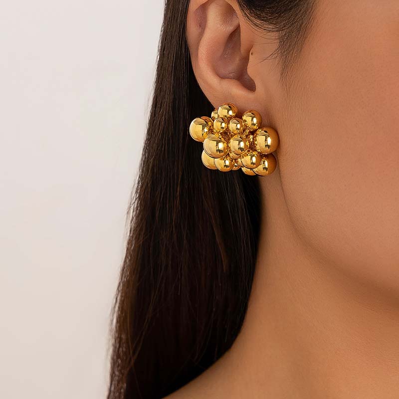 Fashion Gold Color Balls Grape String Beads Stud Earrings for Women Exaggerated Metal Geometric Chunky Earrings Zircon 2026 New