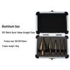 5-Piece Triangular Shank Stepped Drill Bit Set, Yellow Nitrided, Metric & Imperial Sizes, with Straight Flute in Aluminum Box Packaging.