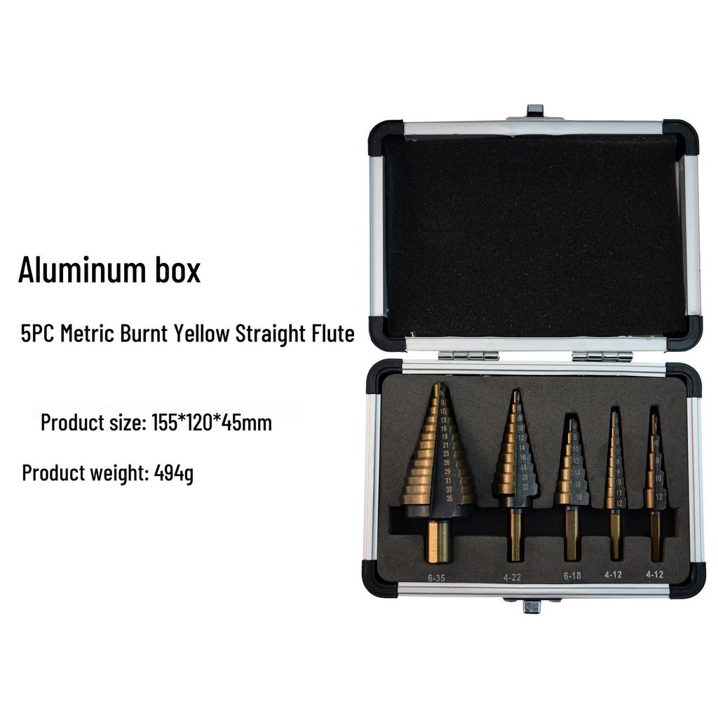 5-Piece Triangular Shank Stepped Drill Bit Set, Yellow Nitrided, Metric & Imperial Sizes, with Straight Flute in Aluminum Box Packaging.
