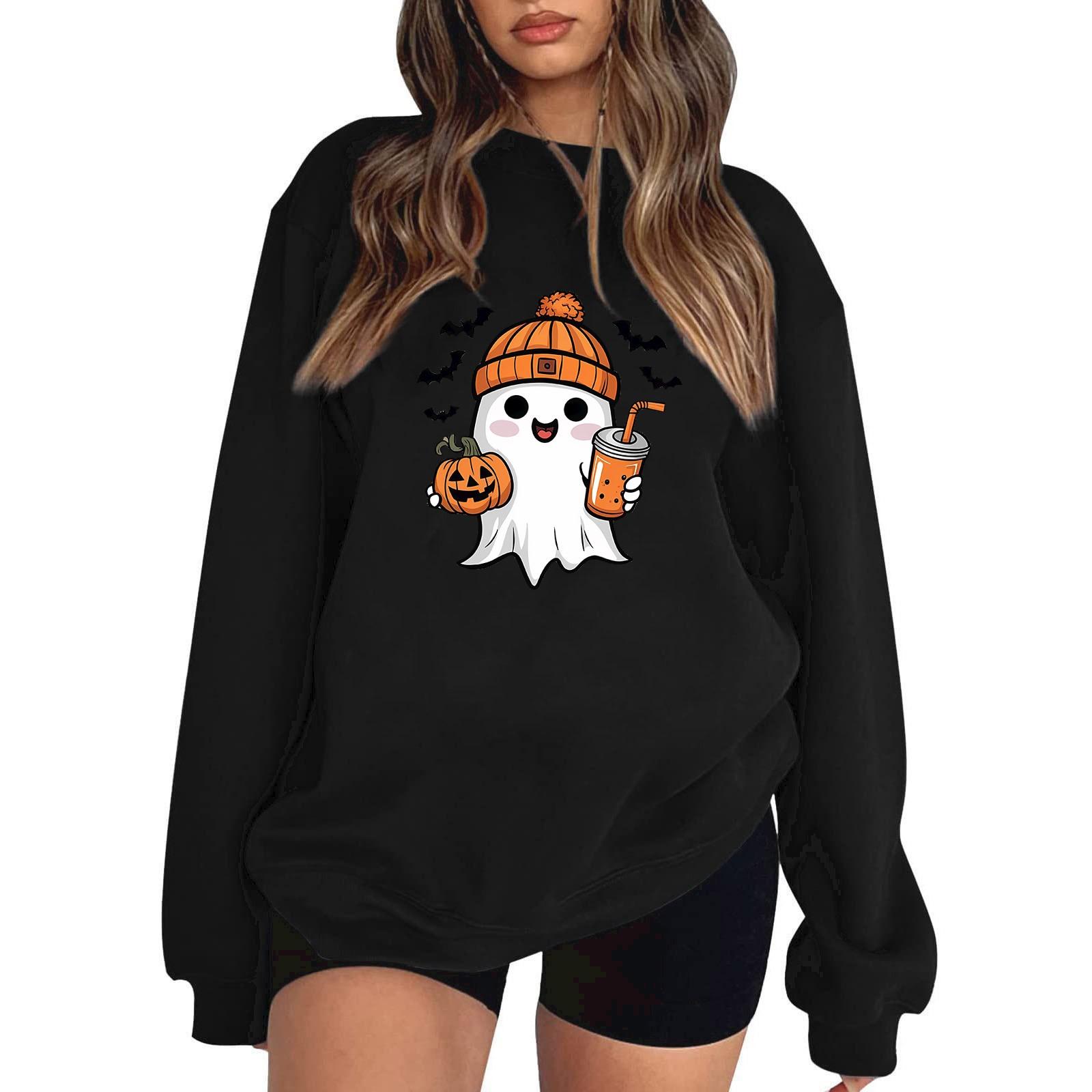 

Женский пуловер с принтом Хэллоуина, круглый вырез, заниженная линия плеча, блузка с длинными рукавами S чёрный