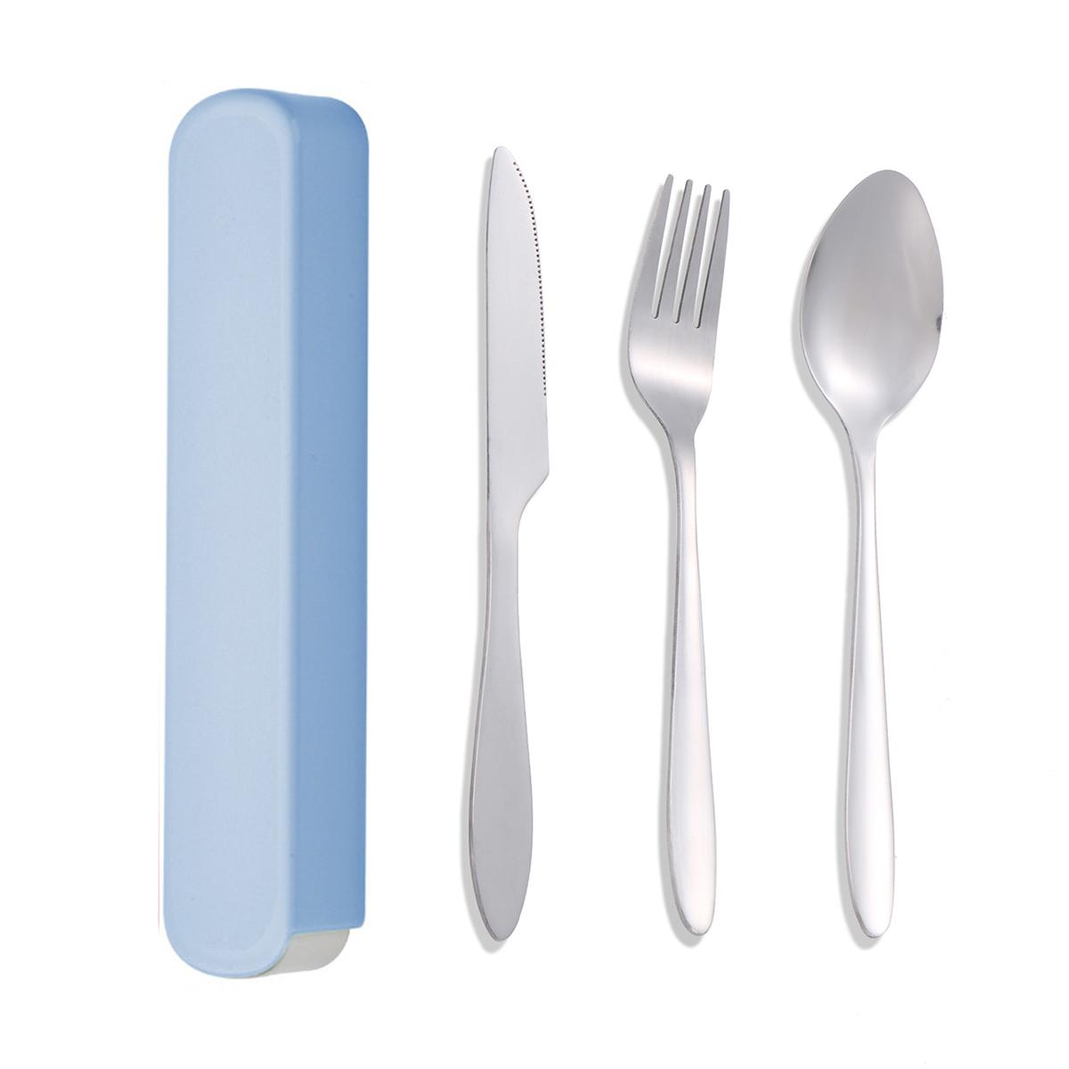 

3pc Portable suit students go to school dining suit his knife and fork spoon with receive a case синий