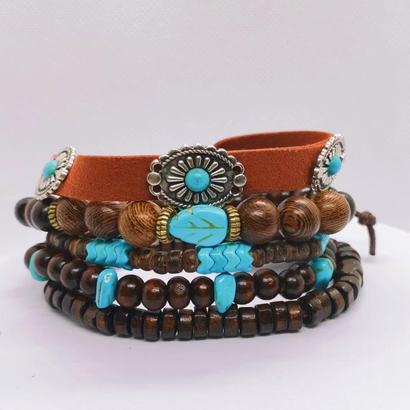 Turquoise Woven Bracelet with Ethnic Style Chicken Feather and Wood Bracelet Set