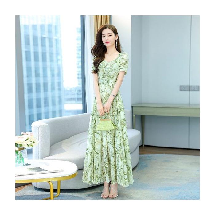 

Short Sleeve Fashion Dress New Fat Sister Loose Large Size Women s Skinny Summer Print Long Skirt 4XL зелений