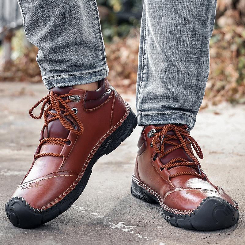 Autumn high-top men's shoes casual leather shoes leather large size breathable outdoor sports hiking shoes men's soft sole Korean version