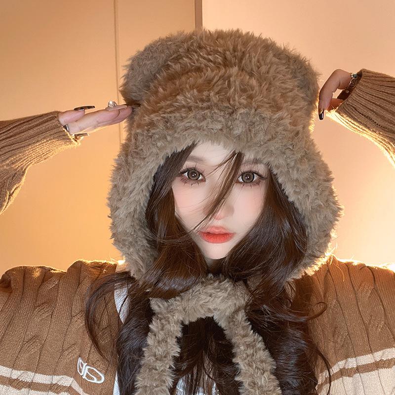 Sweet and Cute Little Bear Ears Fluffy Hat for Women Travel Warm Big Head Ear Protection Hat for Head Hat Trendy