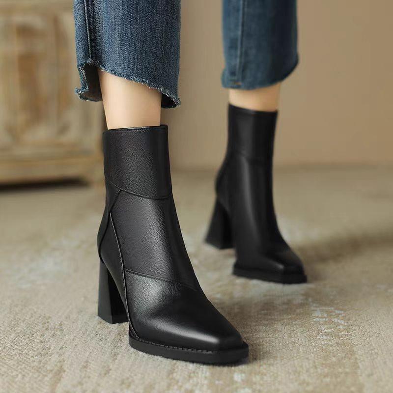 Retro Brown Soft Leather Thick-heeled Ankle Boots Women, New High-heeled Boots British-style Small Square Toe Slim Boots C1226