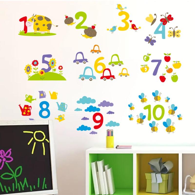 Cute Cartoon Colorful Numbers Flowers Animals Wall Stickers Self-Adhesive Decals for Kids Room Kindergarten Decor