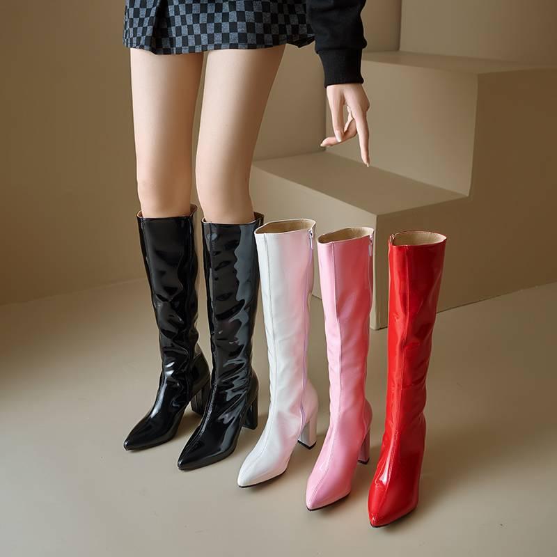Korean Version of Pointed High-heeled Large-size Women's Boots, Comfortable Square-heeled Side Zipper Fashion Boots, New Patent Leather Red High Boots