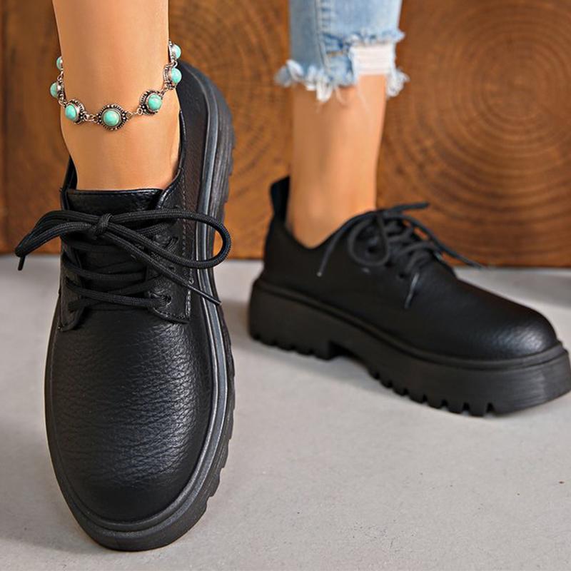 

Fashion Black Lace-Up Loafers Shoes for Women Summer Autumn All-Match Round Toe Platform Shoes of Woman Non-Slip PU Women\ s Shoes 43 чёрный