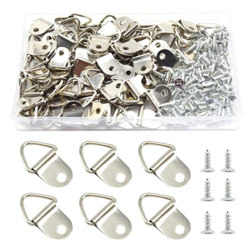 Pack of 100 Single Hole Hangers Metal Triangles D Rings with Screw Painting Hangings Hook Reliable Picture Hangers Set
