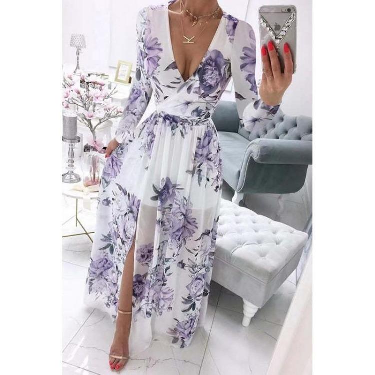 Women Casual Loose Dress V Neck Printed Mid Waist Temperament Pullover Thin S