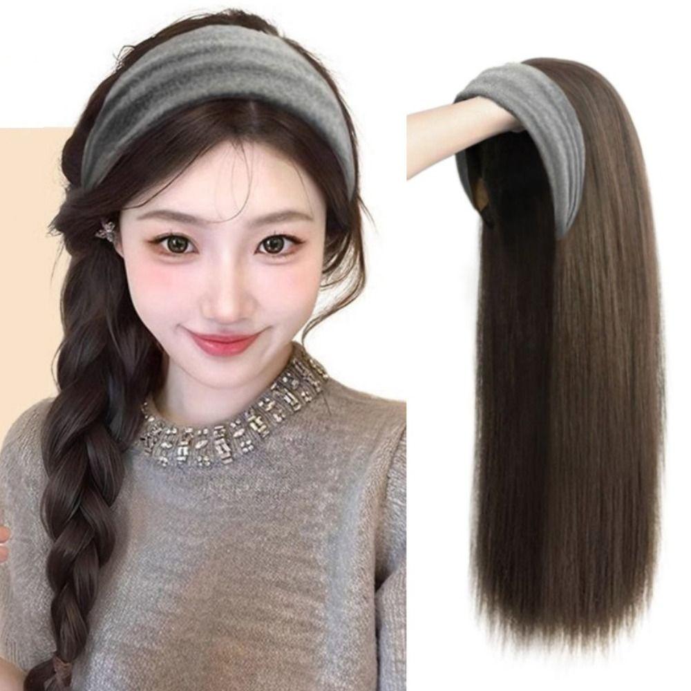 Hair Hoop Half Headband Wig Korean Style Long Straight Hair Gray Wide Knit Headband Wig Daily Wear
