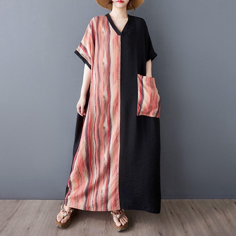 Short Sleeve Plus Size Cotton Vintage Patchwork New In Dresses for Women Casual Loose Maxi Long Summer Dress
