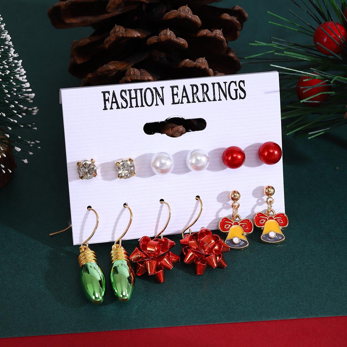 

European & American Geometric Pearl Christmas Tree & Santa Claus Earrings Set