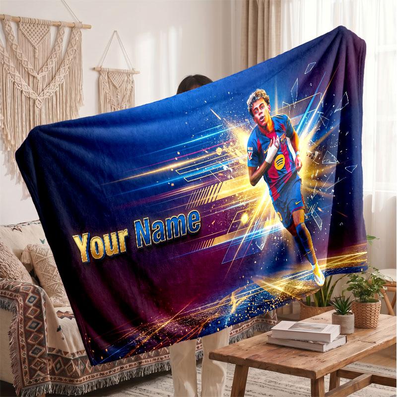 Coperta in pile personalizzata Lamine Yamal con logo del calcio, testo con nome personalizzato, morbida, calda, coperta da divano per la casa