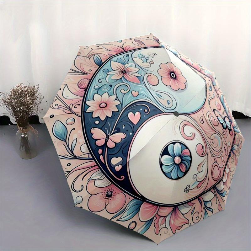 1pc Pink Yin Yang Flower Automatic Opening and Closing Umbrella - Lightweight 3-Fold Design, Suitable for Fans, Travel, Daily Use - Official