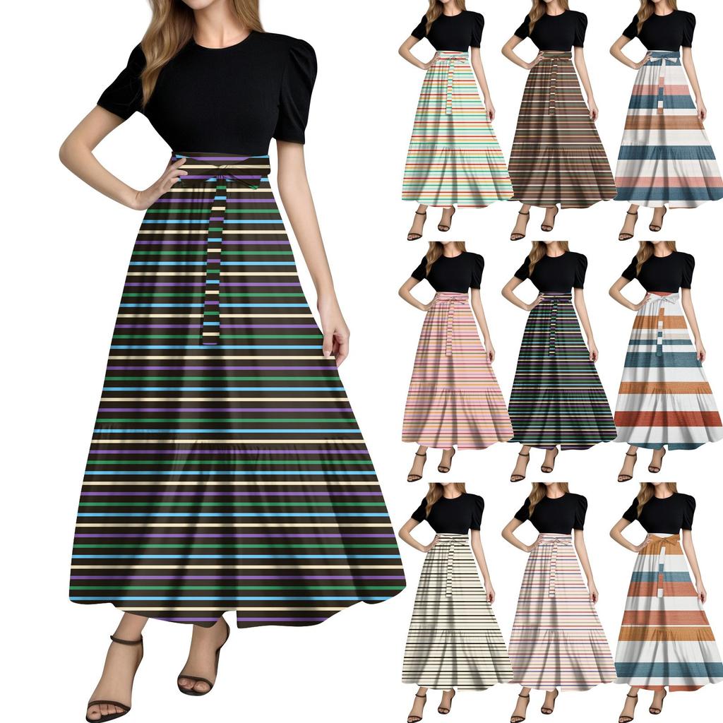 Women's Fashion Casual Belt Short Sleeve Round Neck Print Stitching Elegant Temperament Dress