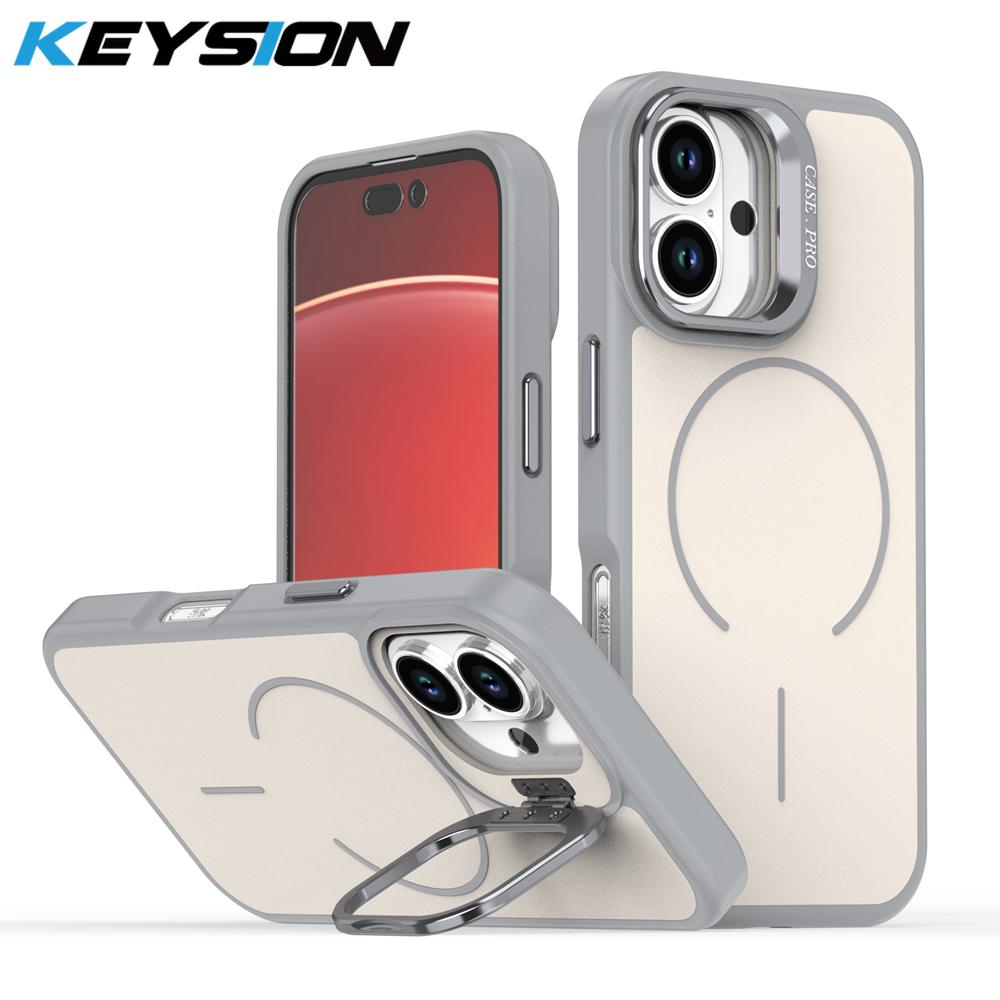 KEYSION Matte Skin Feel Lens Stand Phone Case for Magsafe for iPhone 16 Pro Max 16 Plus Magnetic Wireless Charging Shockproof Cover