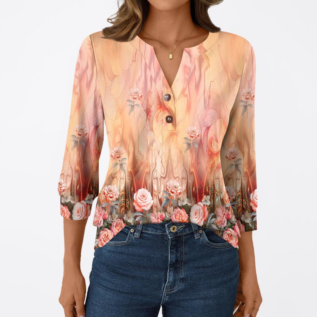 Damska Moda Casual Koszulka z Rękawem 3/4 Nadruki Dekolt w Serek Guziki