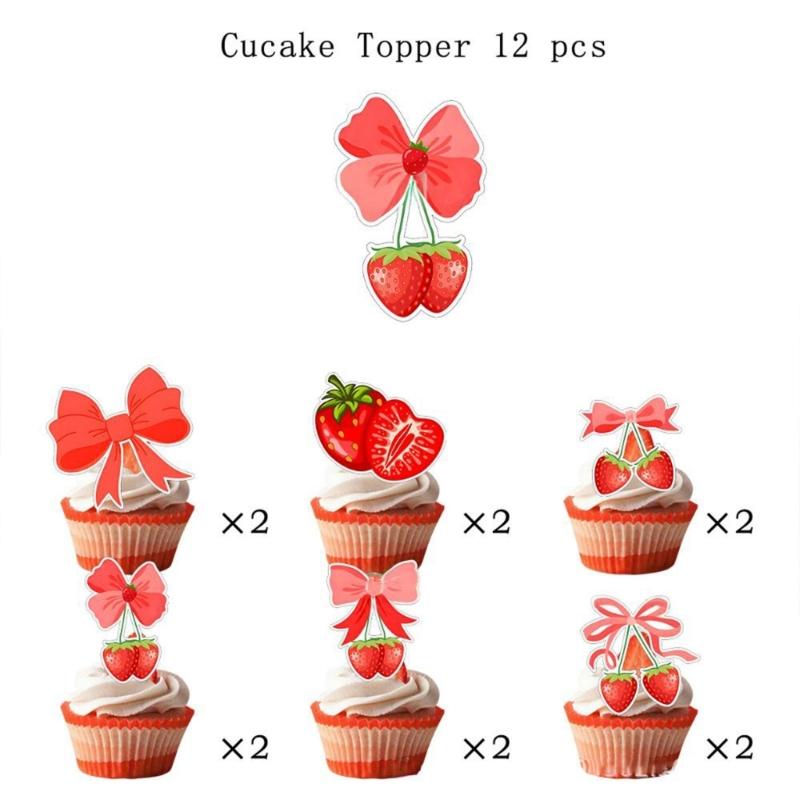 Reusable Strawberry Ribbon Birthday Party Banners Paper Plastic Decoration Cake Insert Balloon For Kids Adults