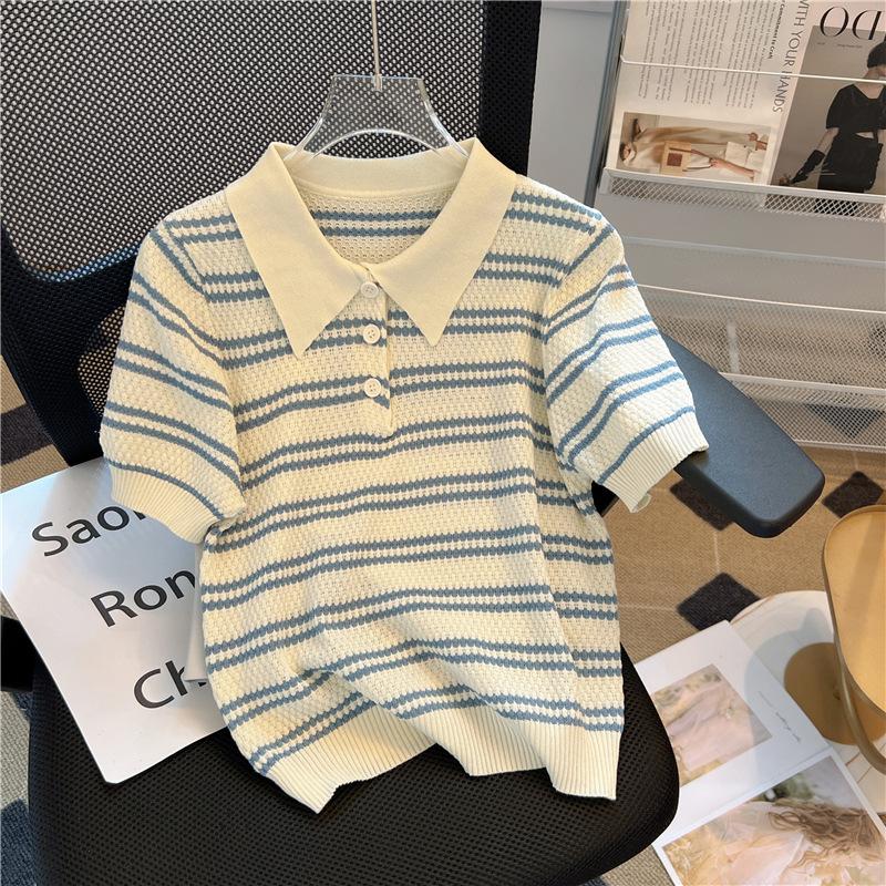 

Ice silk short-sleeved t-shirt women s new summer thin design niche striped Polo neck knitted sweater top One size fits all【 40-60kg 】
