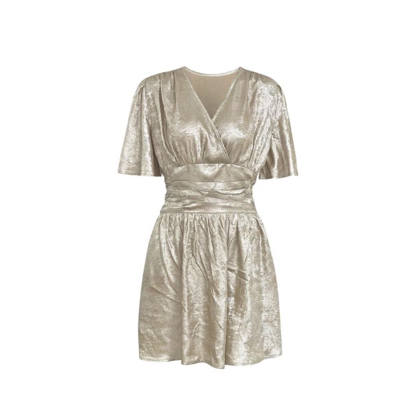 Women's Summer Metallic Solid Color V-neck Ruffled Sleeve Dress