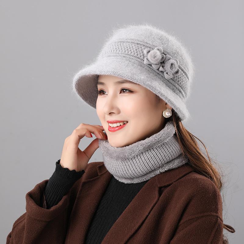 Mom hat autumn and winter velvet warm women's scarf two-piece set knitted thread hat fashionable versatile wool basin hat