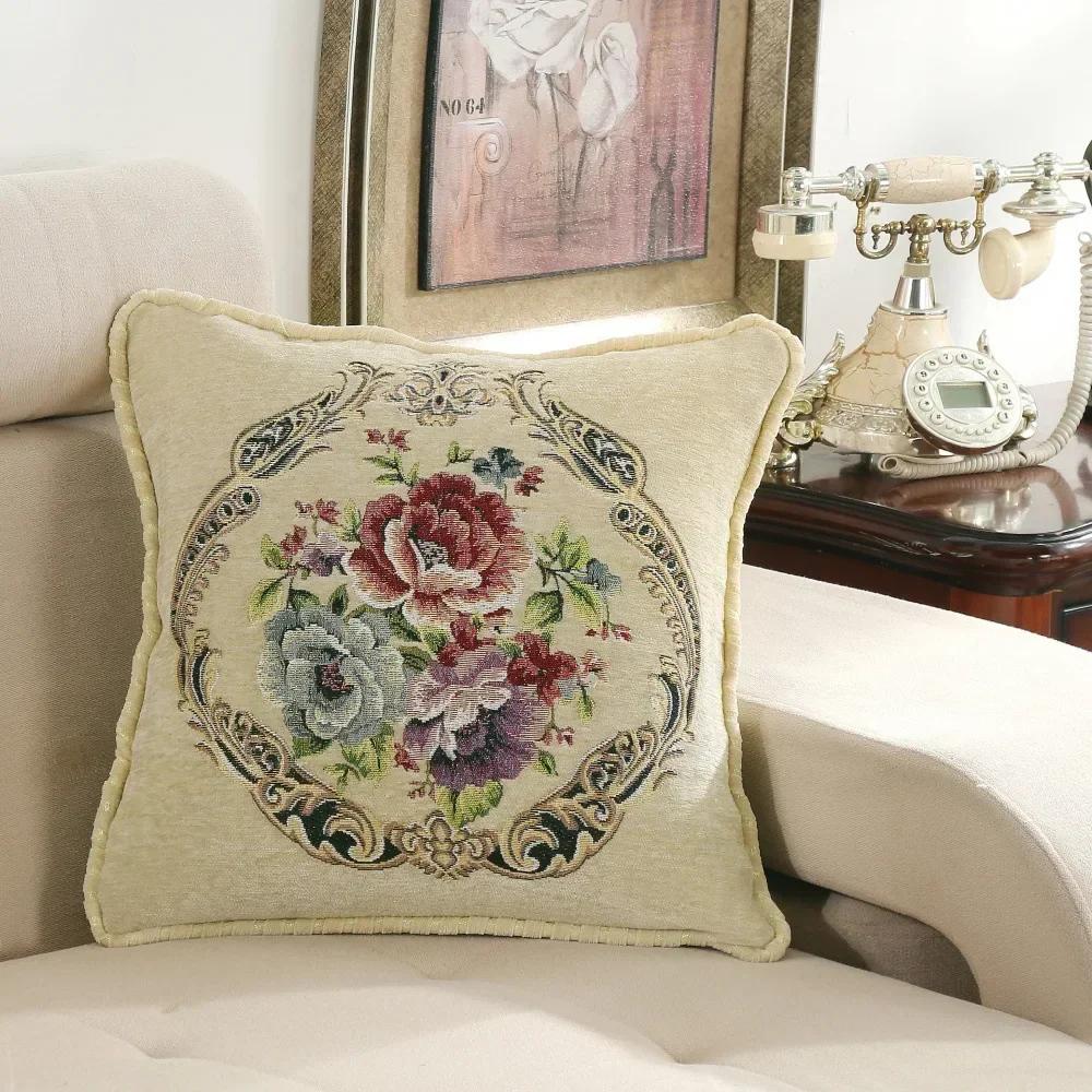 Embroidered Flowers Jacquard Cushion Cover 48x48CM Light Luxury Home Bed Headrest Pillowcase Car Office Sofa Seat Decor
