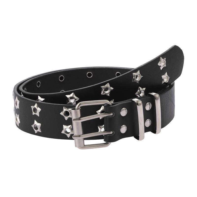 2025 Korean Style Double Row Punk Eyelet Women's Leather Belt with Star Cutout