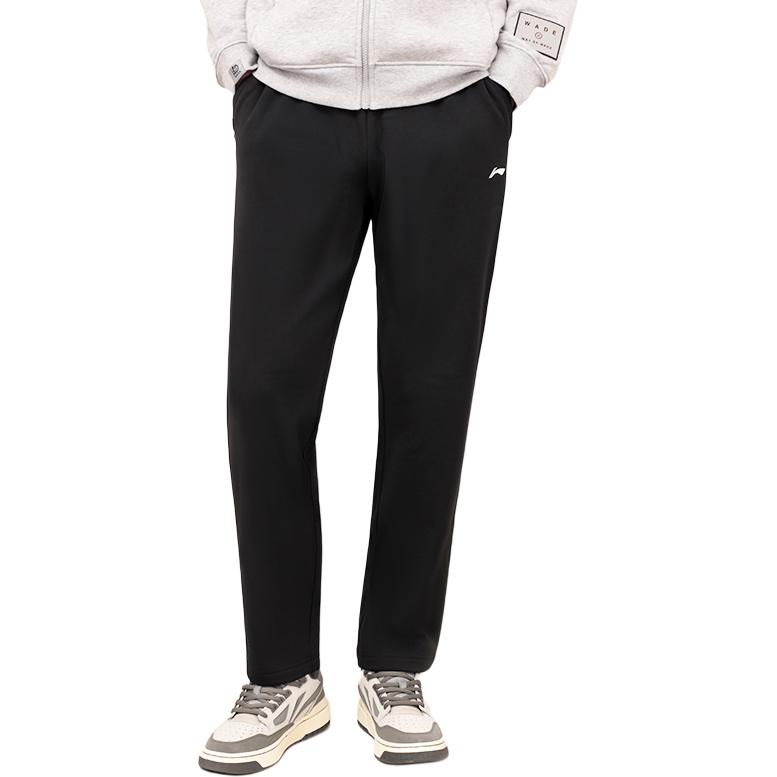 Li Ning Sports Lifestyle Series Solid Color Low Waist Drawstring Straight Leg Knit Sports Pants Men bottoms Black AKLTD49-1