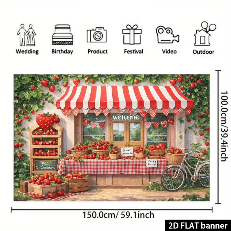 2D Summer Fruit Party Background Cloth Strawberry Shop Banner for Outdoor Decor