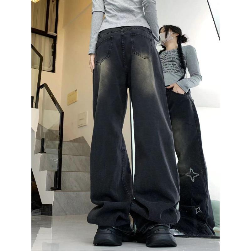 American High Street Vintage Star Embroidered Jeans Women's Autumn High Waist Loose Slim Straight Leg Wide Leg Pants Ins Tide