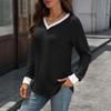 Women's Casual And Fashionable V-neck Contrast Color Long-sleeved Top