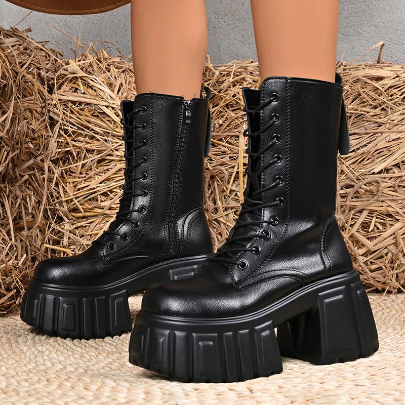 Chunky Heeled Platform Combat Boots for Women Gothic Punk Style Black Motorcycle Boots Woman Autumn Winter Mid Calf Botas Mujer