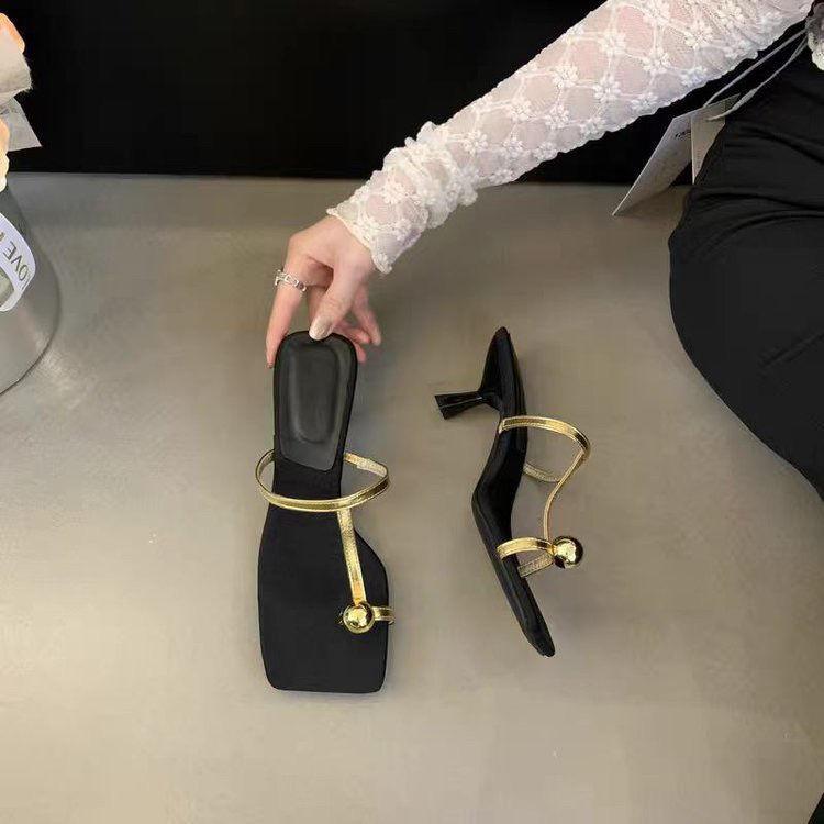 Fashion trend sense soft sole not tired feet square head thin heel high heels set toe cool slippers