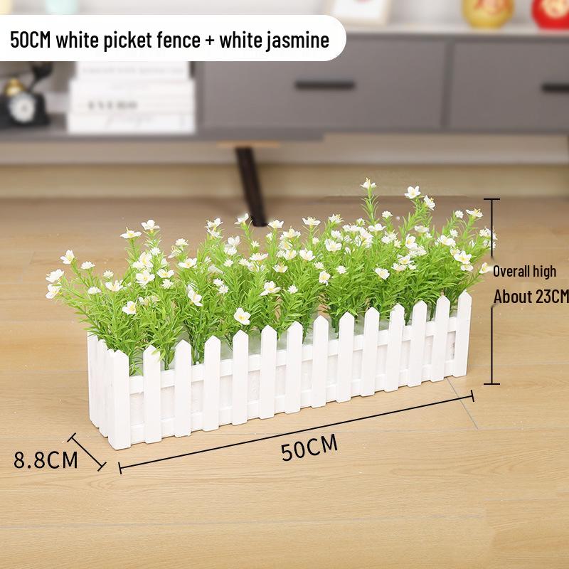 Silk Flower Pot with Wood Fence: Decorative Bonsai for Living Room or Office.