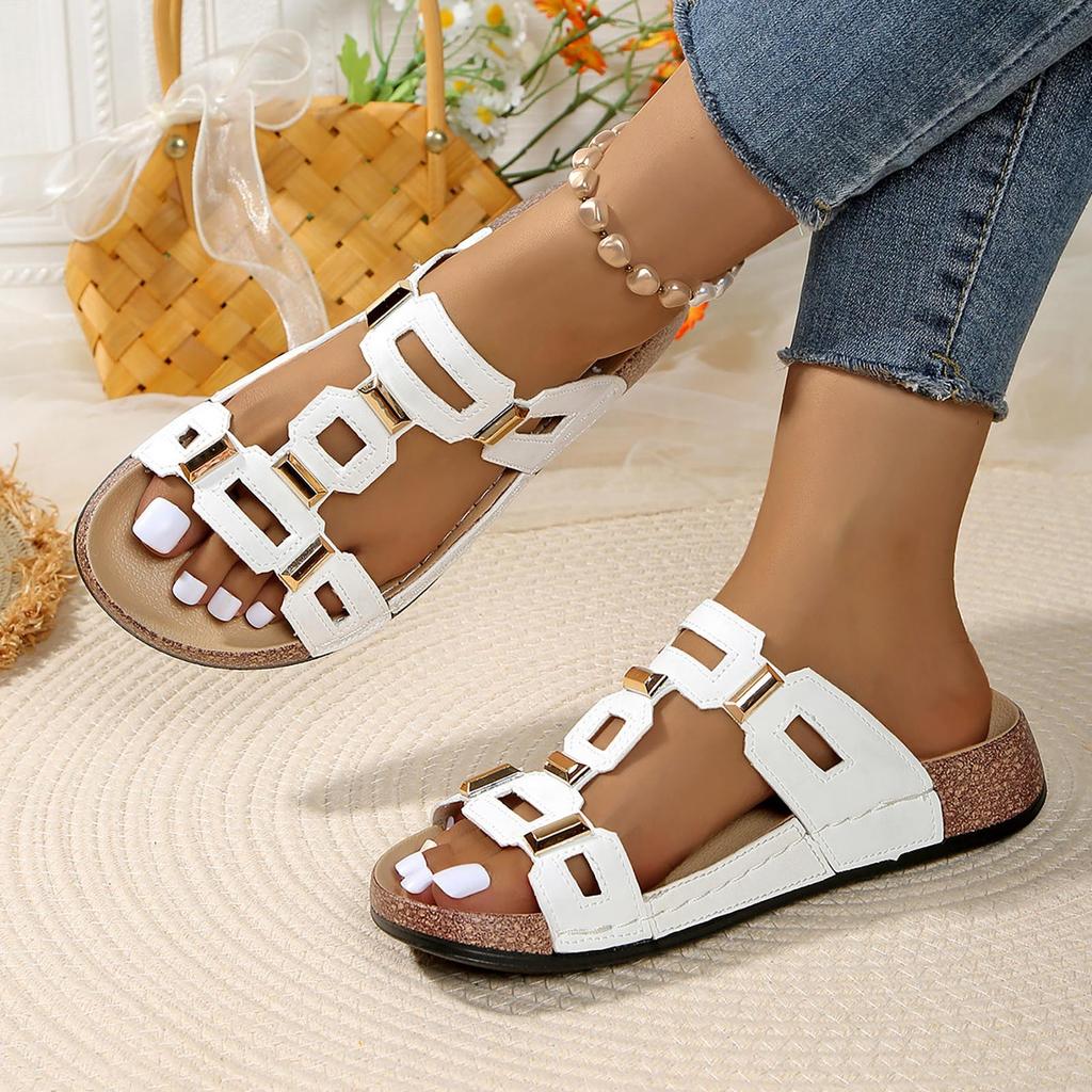 Women'S Chic Style Design Sandals Fashionable Casual Geometric Cutout Metal Flat Sandal Summer Sweat Shoes Sandalias De TacóN