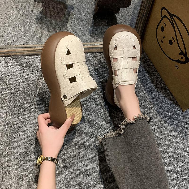 Two wear hollowed-out bag head sandals women's 2025 summer new hole hole Mori Roman shoes thick-soled half slippers women's outer wear