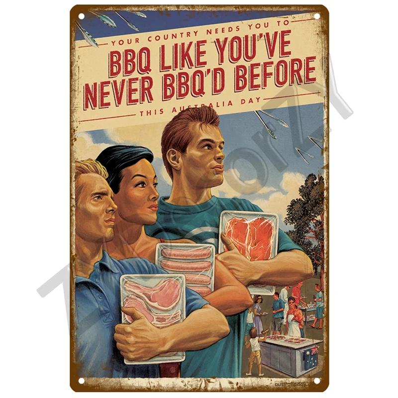 Retro BBQ Tin Sign - Vintage Wall Posters & Metal Decor - Decorative Wall Plate for Kitchens, Patios & Barbecue Themed Spaces