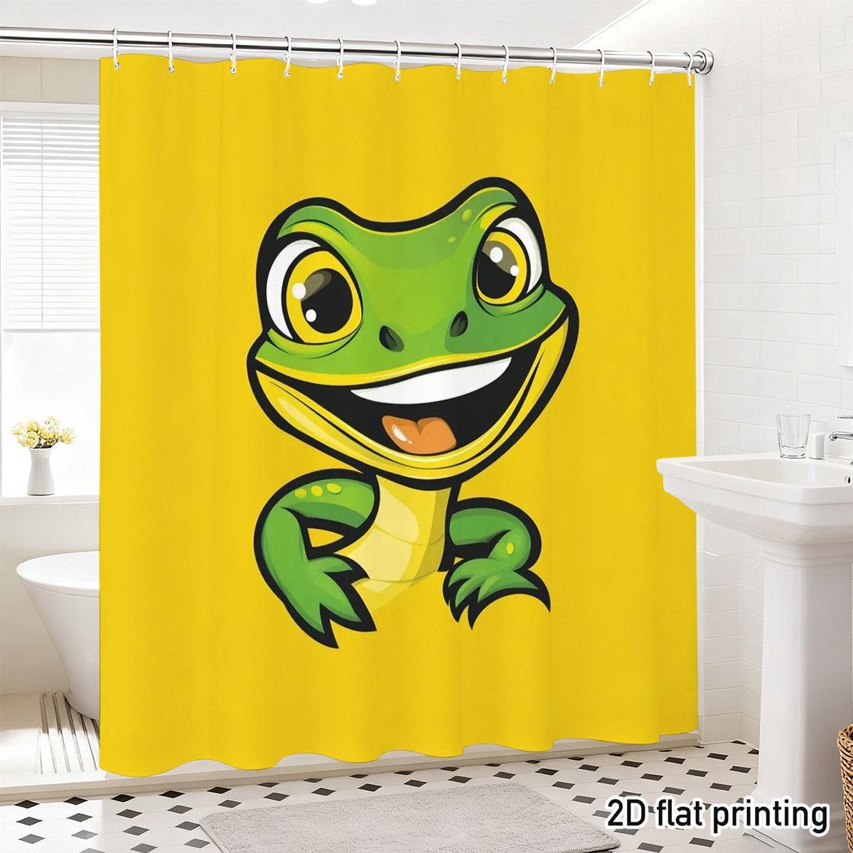 

Smiling Frog Shower Curtain – Cute Green Cartoon Reptile On Yellow, Waterproof Polyester, Kids & Family Bathroom Decor W60H190(CM)-1 Pcs