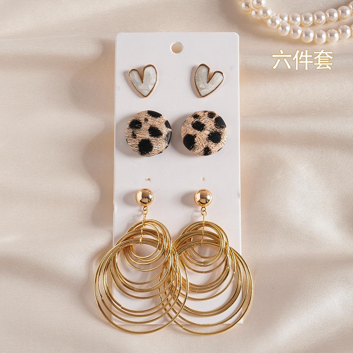 Six-piece set of metal leather dripping oil round love silver needle earrings temperament earrings